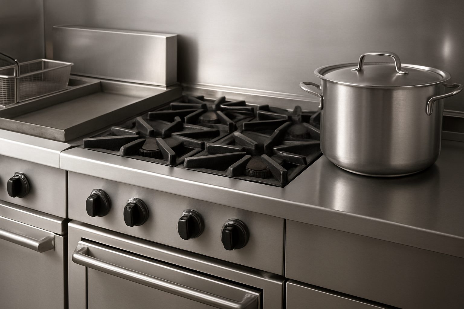 A professional kitchen stove with a pot, showcasing kitchen equipment essential for restaurant owners.
